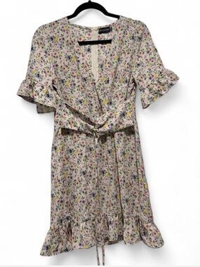 PrettyLittleThing Cream Floral Tie-Front Ruffle Dress